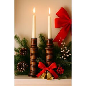 HOMCO Wooden Spool Candlestick Holders Brass Inserts Felted Bottom VTG Set of 2